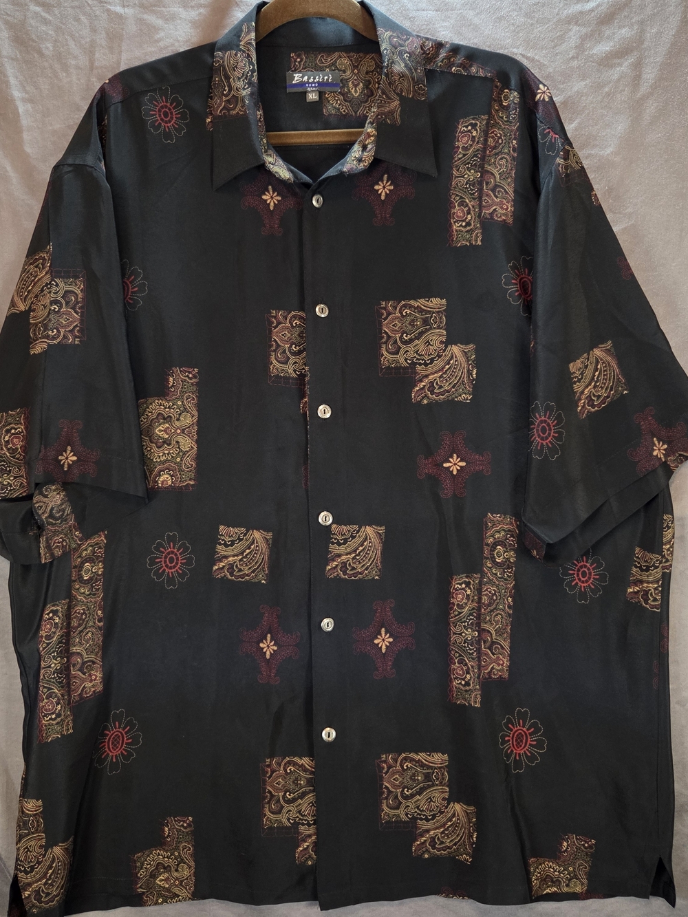 Bassiri Uomo XL Mens Short Sleeve Shirt Paisley Medallion Black Microfiber Vtg
